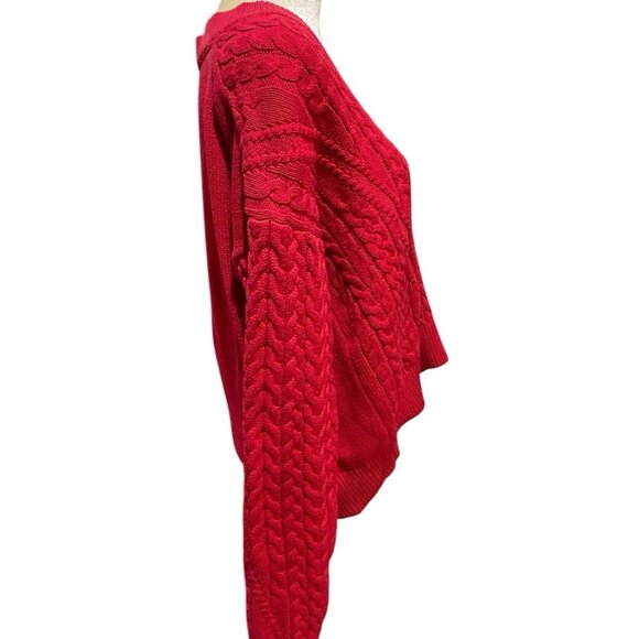 Lumiere Red Cable Knit Fisherman Sweater Size Large Thick Chunky V-Neck Boxy - Picture 3 of 9